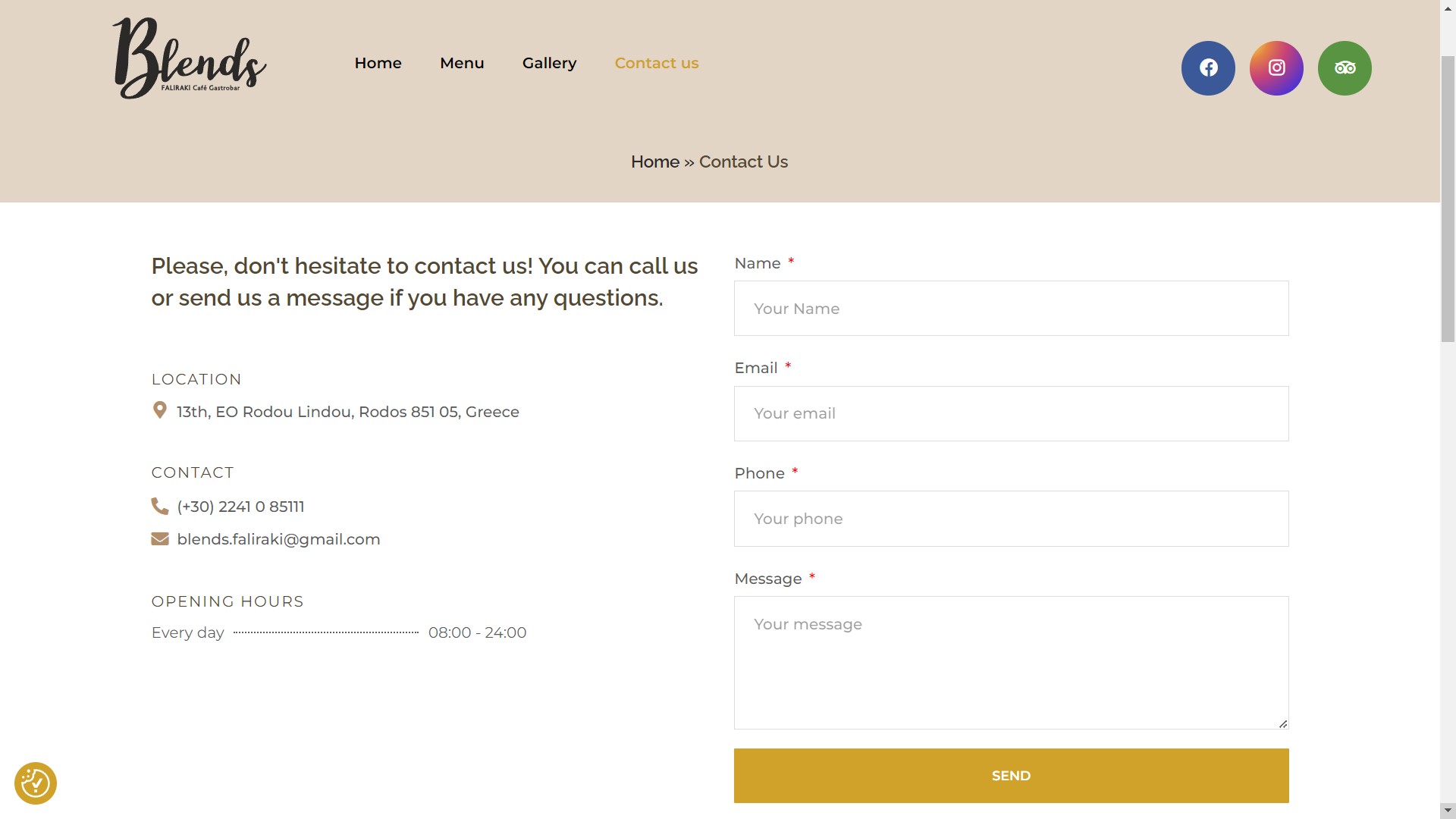 Blends Cafe Faliraki Gastrobar website contact form screenshot