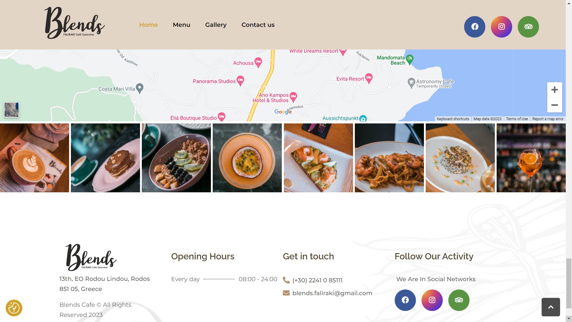 Blends Cafe Faliraki Gastrobar website footer screenshot